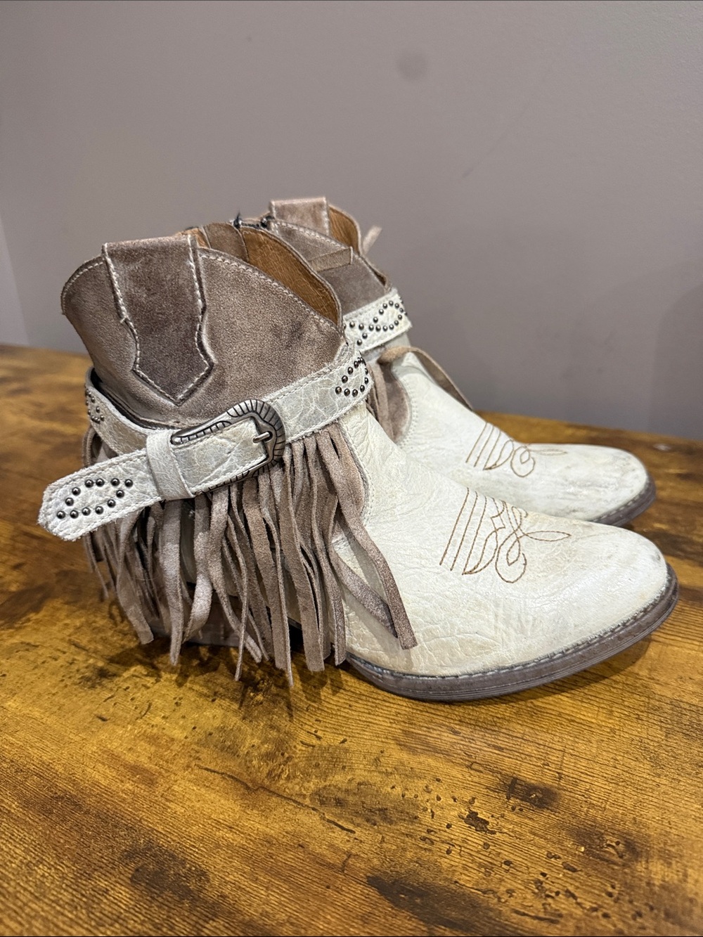 Fringed Western Ankle Boots in Cream & Taupe
